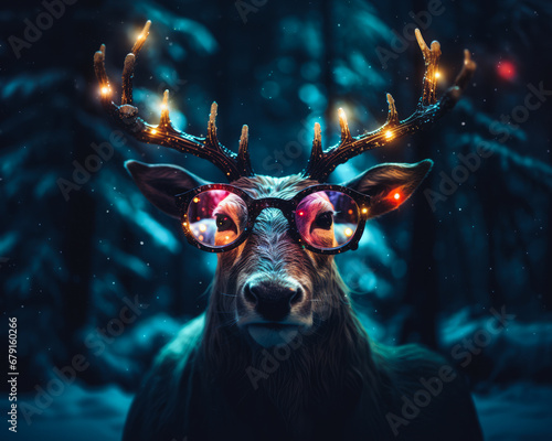 Portrait of a reindeer in a snowy cold forest wearing glasses. Creative wild animal fun cute concept.