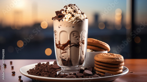 Coffee mocha milkshake with cookies and cream Ice cream and chocolate cookies make a sweet latte cocktail. Vanilla ice cream and spoon on gray concrete table