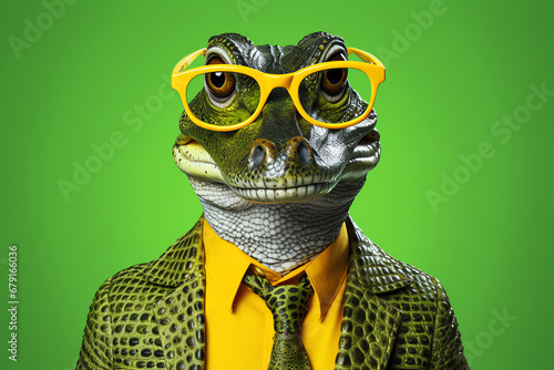 funny crocodile with glasses and suit on green background businessman consultant