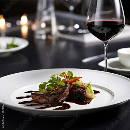 fotografia con detalle y textura de plato de alta cocina, en una mesa decorada