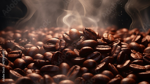 Close-up of hot coffee beans with smoke coming out.