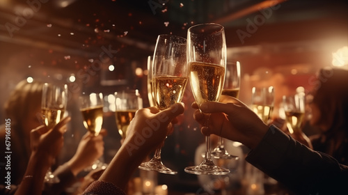People clink champagne glasses at a party Celebrate a happy Christmas or New Year's party.