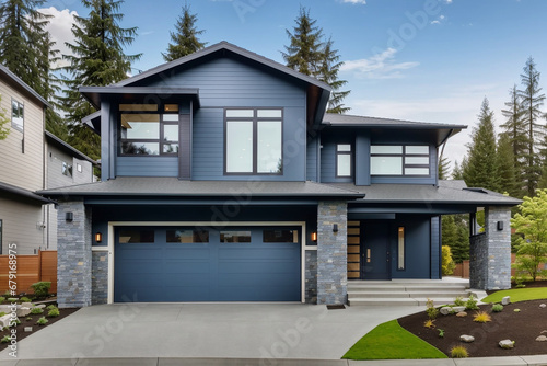 Luxurious new construction home in Bellevue, WA. Modern style home boasts two car garage framed by blue siding and natural stone wall trim. Northwest, USA - ai generated