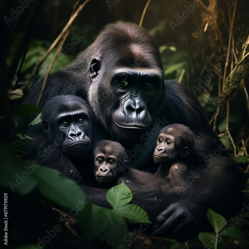 Fotografia con detalle de gorila con sus crias, entre vegetación