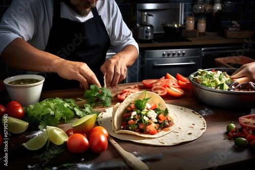 Chef assembling a gourmet taco with unique ingredients, capturing the precision and artistry of taco creation