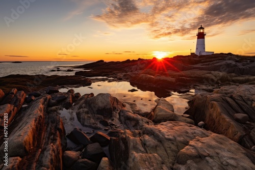 sun setting behind a solitary lighthouse on a rocky shore