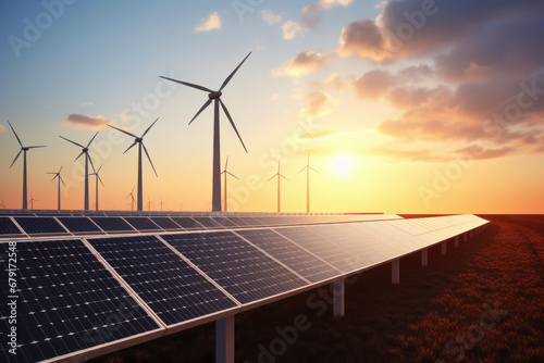 Sunrise Energy Farm: Solar Panels and Wind Turbines Aligned. ai generative