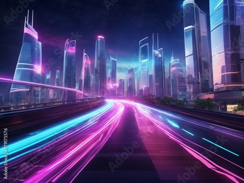 Speed light trails path through smart modern mega city