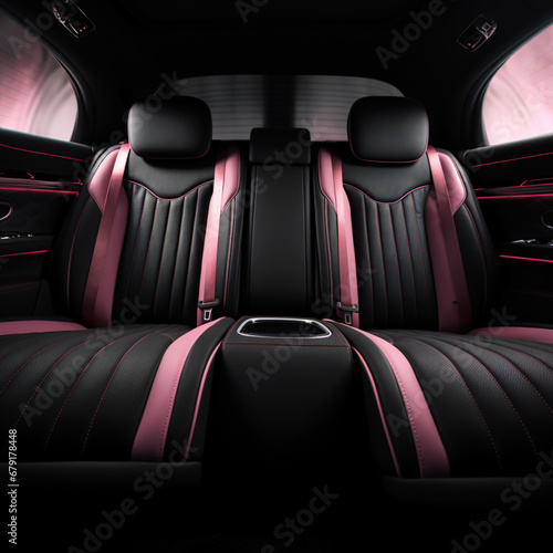 Fotografia con detalle de asientos traseros de un coche de lujo, con tapiceria de cuero y tonos negros y rosados