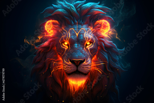 Fire lion artwork on dark background wallpaper