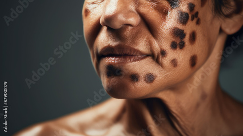 Vitiligo , close-up of age pigment spots on the face skin of an old human, cosmetic procedure for the removal of vitiligo by laser. Melanoma, a malignant mole on the skin. 