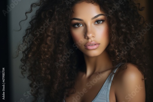 Beauty portrait of african american woman with clean healthy skin. Self confident beautiful afro haitstyle girl. Curly black hair, authentic and empowering, highlighting the beauty of individuality