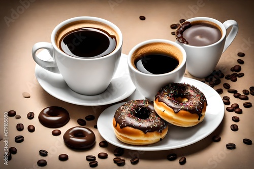 Coffee time - two cups of Caffe Americano with small chocolate donuts