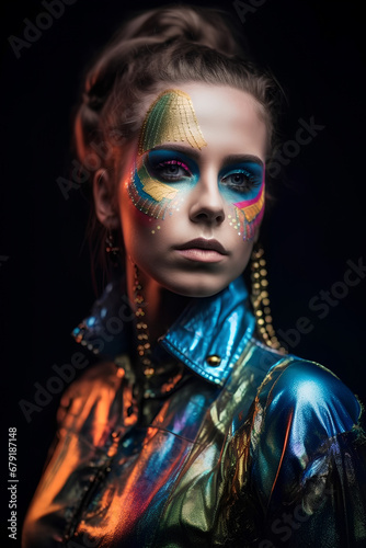Portrait of young woman in futuristic costume with bright makeup. Fashion of future concept.