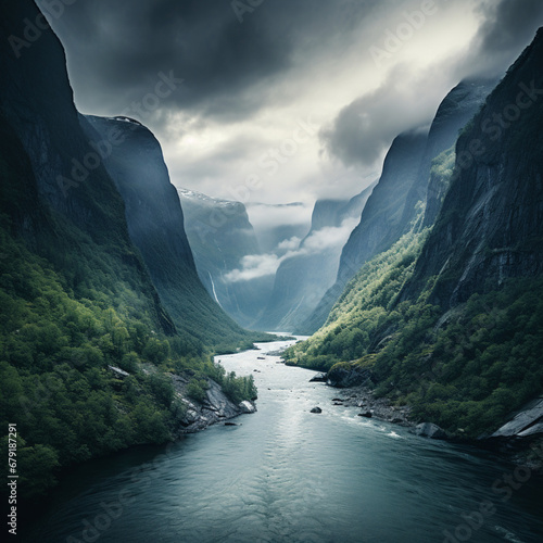 Fotografia con detalle de paisaje natural de rio entre grandes acantilados con vegetación
