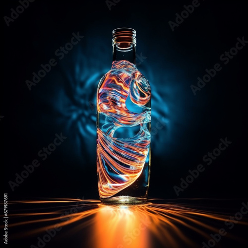 Fotografia con detalle de botella de cristal con formas sinuosas y reflejos de luz de colores en su interior