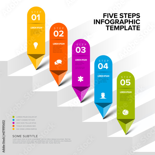 Simple infographic with five diagonal steps on big stripes and arrows