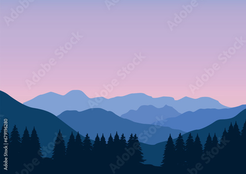 Landscape mountains and forest. Vector illustration in flat style.