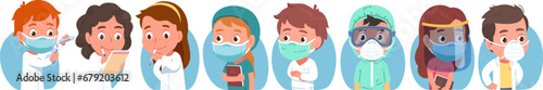 Doctor, nurse, scientist men, women wearing coronavirus personal protective equipment. Medical personnel people in PPE coverall, mask, face shield, goggles, gloves. Flat vector COVID illustration set