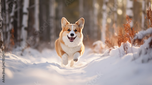 Cute happy welsh corgi dog running through the snowy winter forest.