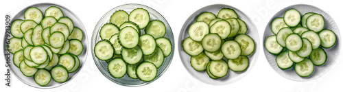 collection of four plates with cucumber slices on them, top view