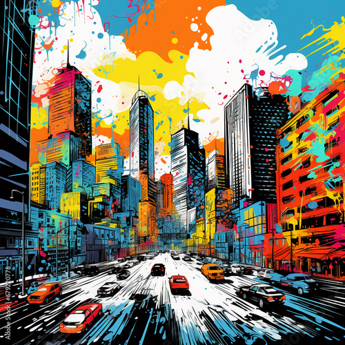 vibrant pop art cityscape executed in rich colors with dripping paint and graffiti elements