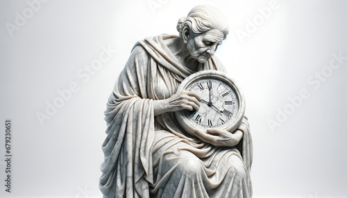 altgriechische Marmorstatue hält eine Uhr, klammert sich an vergangener Zeit fest, Alterungsprozess