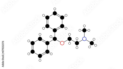 diphenhydramine molecule, structural chemical formula, ball-and-stick model, isolated image antihistamine