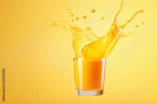 Glass of freshly squeezed orange juice with liquid splashes on orange background, copy space