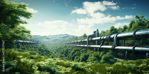 Green plant pipeline snakes through the landscape, a symbol of energy transition amidst nature's grandeur