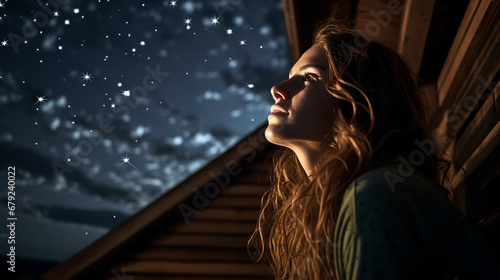 きれいな星空をベランダから見上げている髪の長い女性