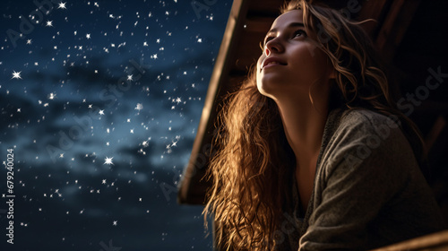きれいな星空を窓から見上げている髪の長い女性