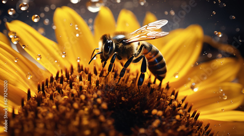 Biene auf Sonnenblume, Makroaufnahme mit hervorgehobenen Details
