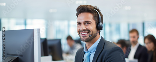 Young handsome male technical support agent trying to explain something to a client while using hands-free headset at call center