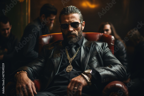 Gangsters mafia, gypsy baron sitting in a chair indoors. Italian boss in a leather jacket and glasses