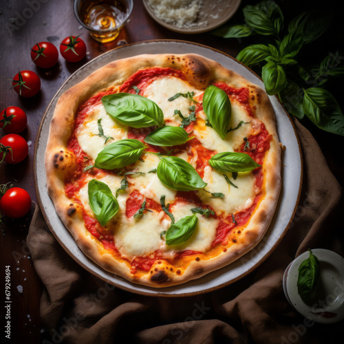 italian pizza margherita with mozzarella cheese and basil leaves on dark background