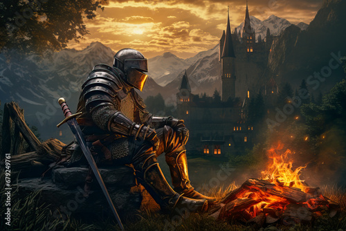 Knight in armor resting by fire. Castle, mountains backdrop at sunset