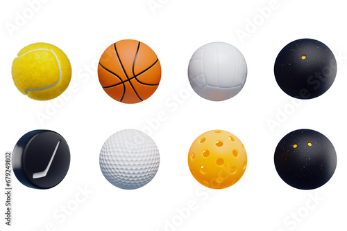 Collection of 3D icons of sports balls, pickleball tennis basketball hockey volleyball squash golf.3D rendering