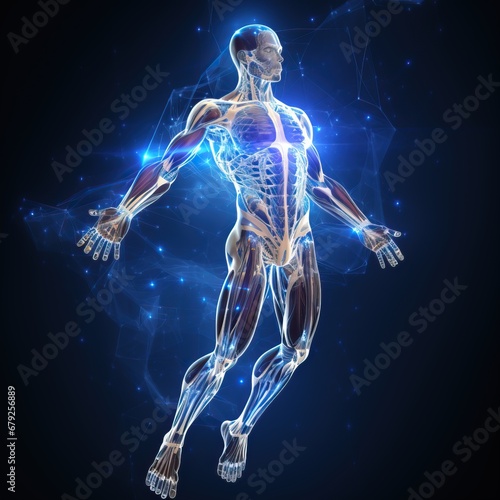 A image of Human body with skeletal system, x ray view on dark background. Generative AI