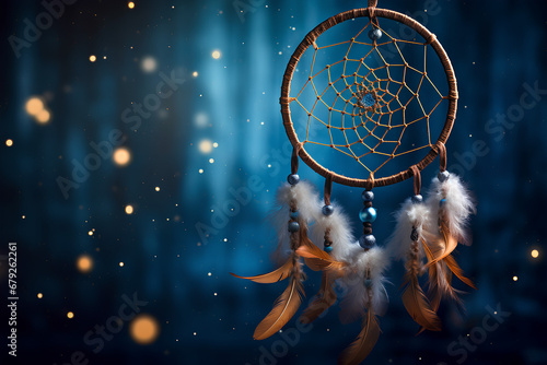 Dreamcatcher with Feathers Against a Starry Background