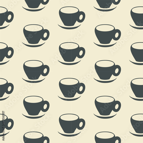 Coffee cup abstract seamless pattern. Stylish diagonal geometrical grid. Black and white vintage colours palette, monochrome surface background. Vector illustration