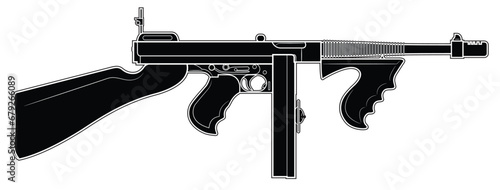 Vector illustration of the Thompson M1921 submachine gun with round magazine and front wooden foregrip on the white background. Black. Right side.