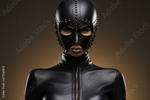 BDSM woman, African American woman in black leather mask and latex fetish suit