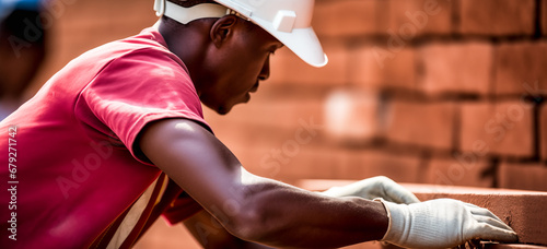 Construction worker. Mason bricklayer installing red brick outdoors. Construction mason worker bricklayer making a brickwork