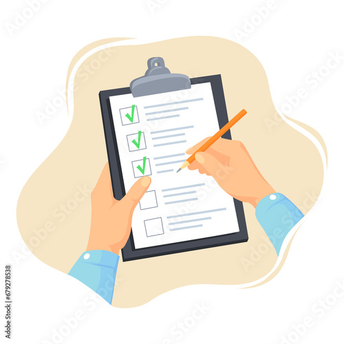 Hands holding checklist. Clipboard with paper list, hand tick pen checkmarks, checkboxes notes in test document, questionnaire survey form, assessment sheet
