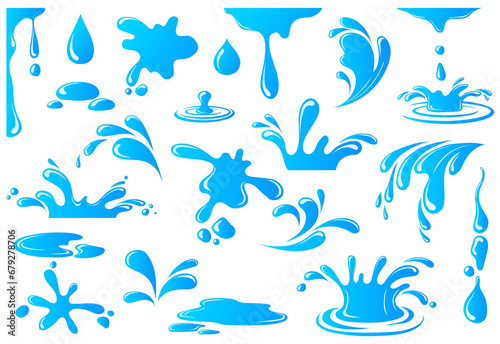 Current drops. Cartoon water splash drop, drip rain droplet, liquid tear, spill moisture falling raindrop on surface, nature sea spray, set neat png icons