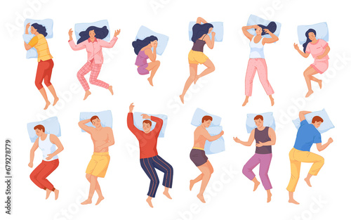 People sleeping poses. Woman man sleep position in bed, person posture top view, girl lying side hug pillow, body fetal pose, healthy back, night dream