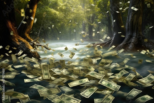 Money falling in the river with trees and leaves on the background, River of money, concept of Wealth and Abundance, AI Generated