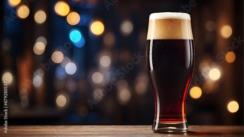 Dark Lager beer: bitter and sweeter as well as more malty, Altbier and Bock filled in the beer glass on the table, bokeh lights background, copy space