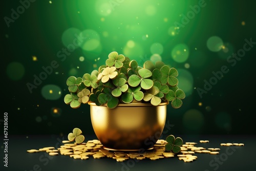 Golden pot with clover leaves on dark background. St. Patrick's Day concept. 3D Rendering, Saint Patrick's Day banner with black pot full of gold coins and shamrock leaves abstract, AI Generated